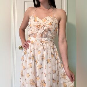 Yellow Floral Cut-out Midi Dress